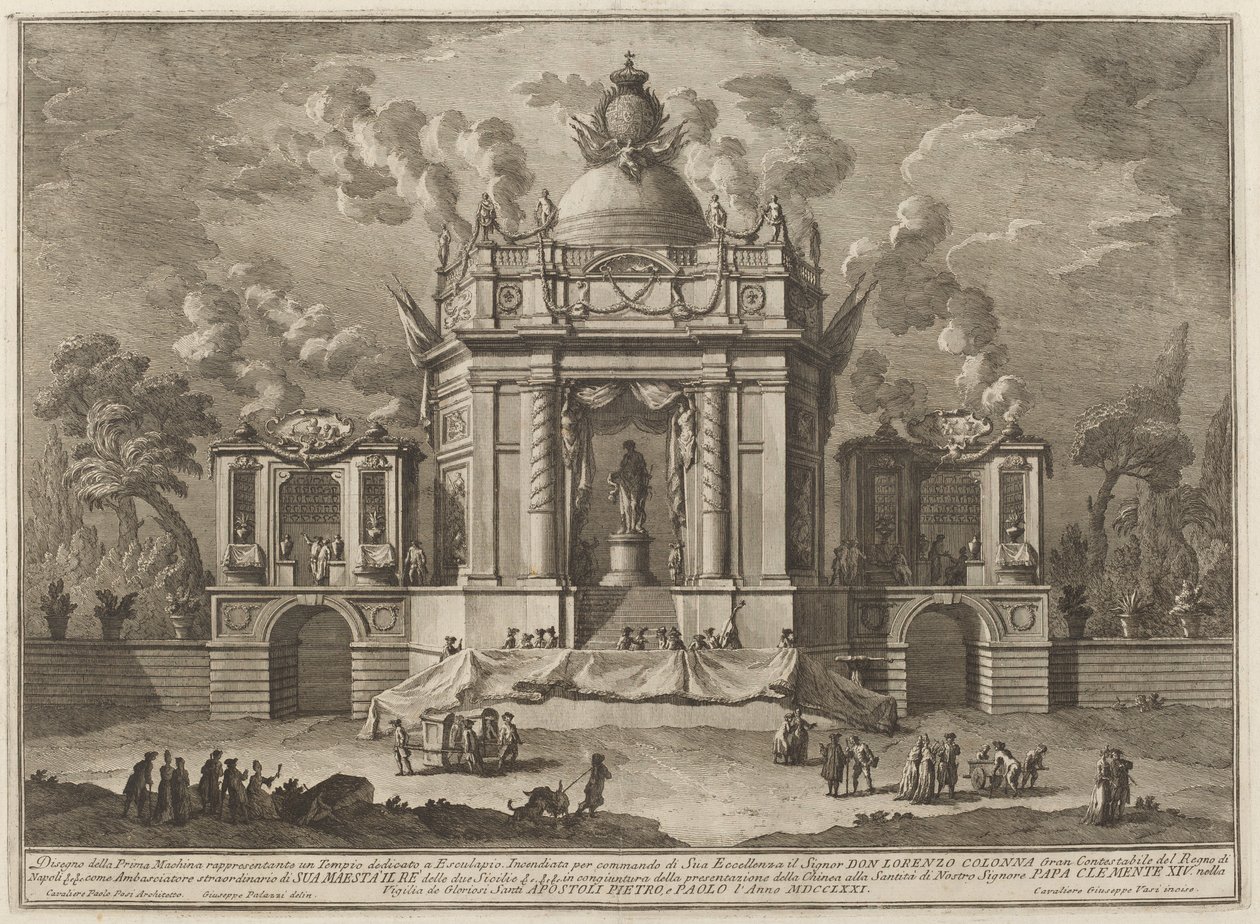 Et tempel dedikeret til Aesculapius til "Chinea"-festivalen af Giuseppe Vasi after Giuseppe Palazzi