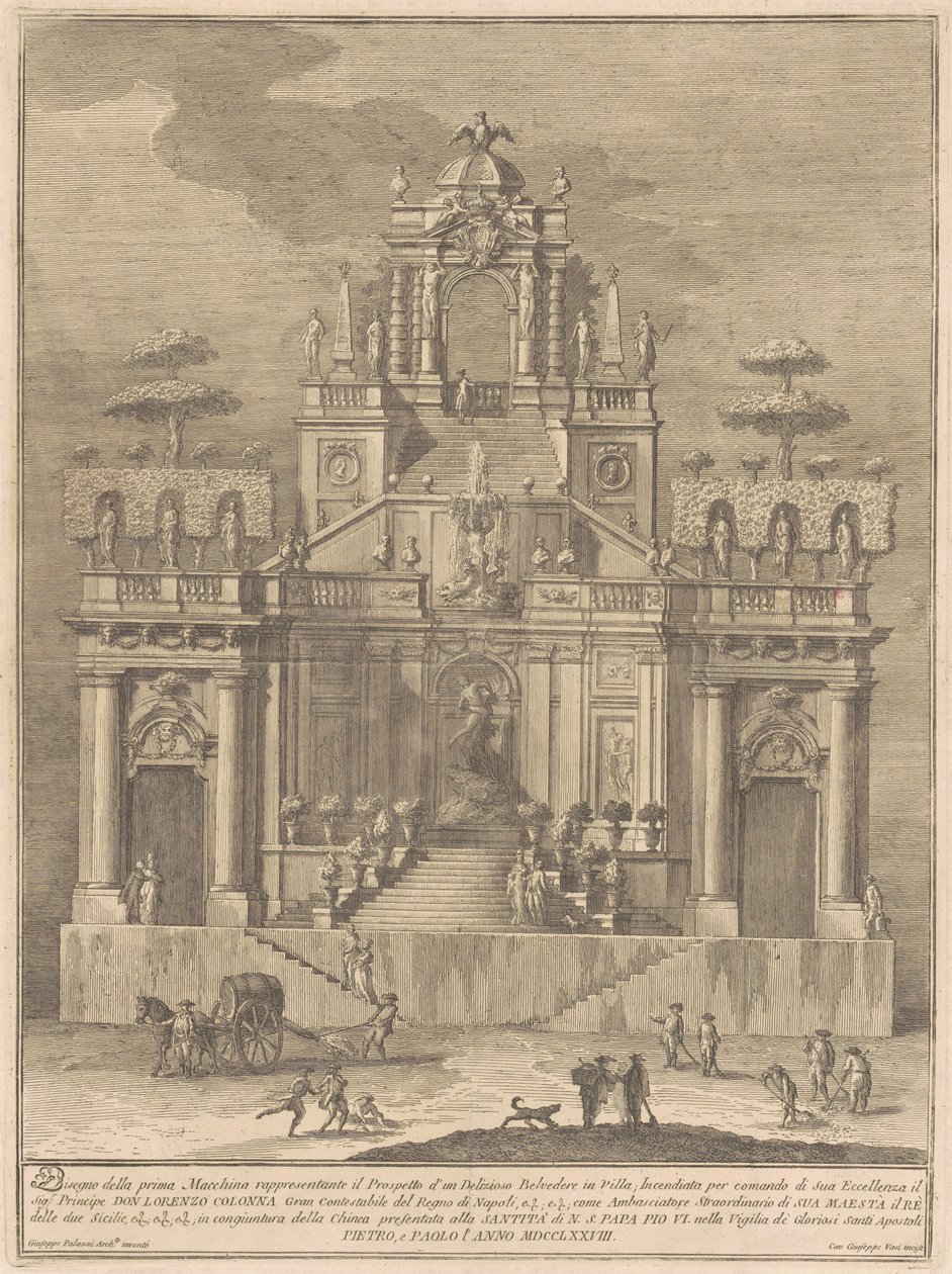 The Prima Macchina for the Chinea of 1778: A Countryside Belevedere with Hercules and Antaeus af Giuseppe Vasi, after Giuseppe Palazzi