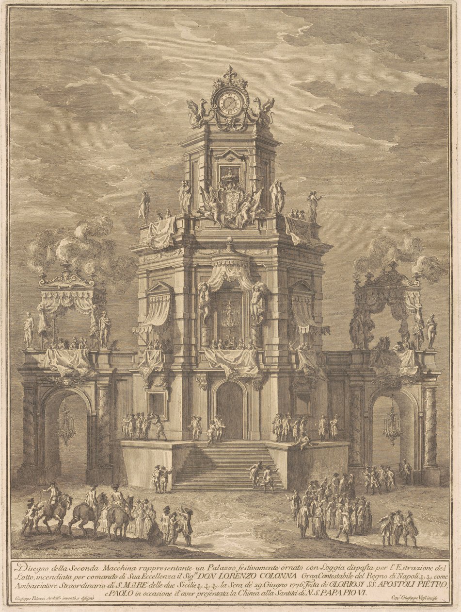 Seconda Macchina for Chinea fra 1776: Et palads med en loggia til lodtrækningen af Giuseppe Vasi, after Giuseppe Palazzi