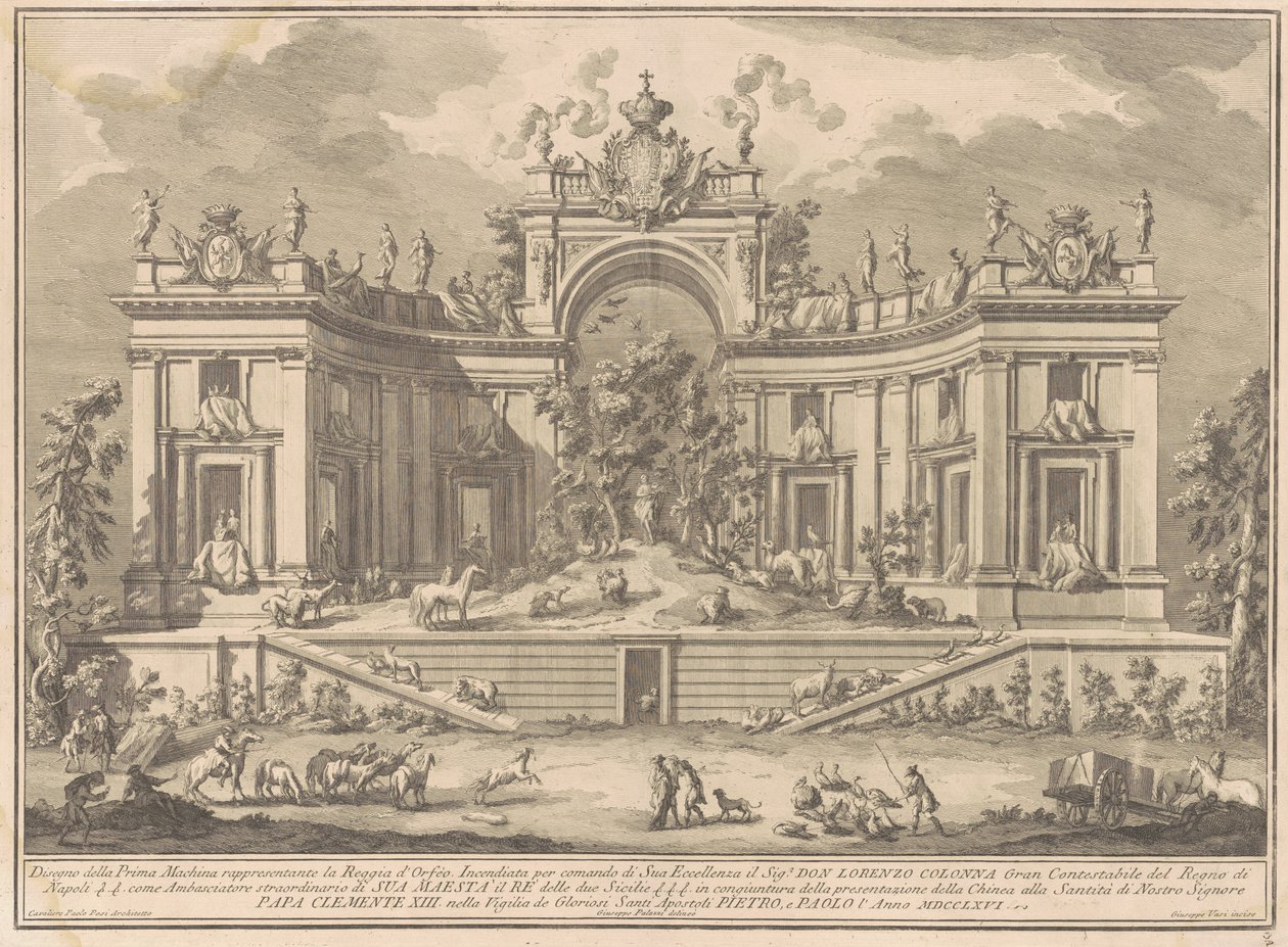 Prima Macchina for Chinea fra 1766: Orpheus-paladset af Giuseppe Vasi, after Giuseppe Palazzi, after Paolo Posi