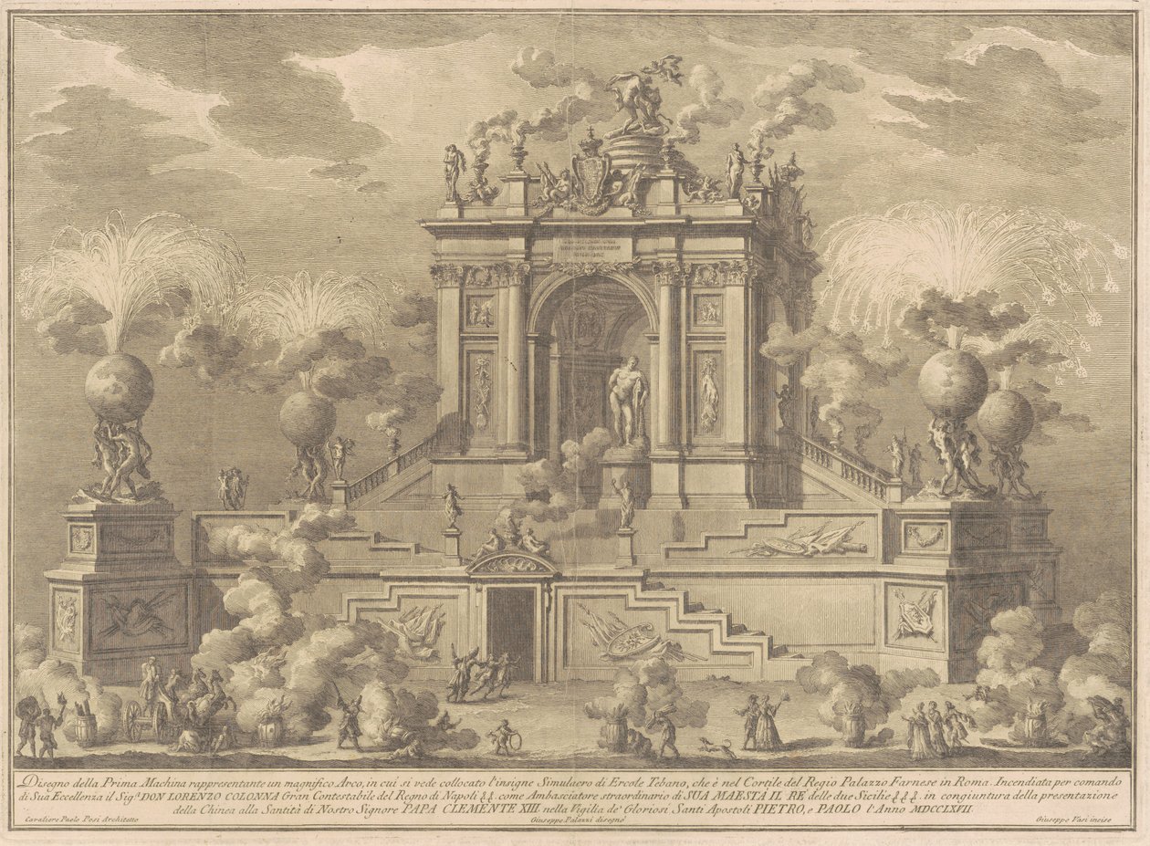 Prima Macchina for Kina fra 1767: En triumfbue med Farnese Hercules af Giuseppe Vasi, after Giuseppe Palazzi, after Paolo Posi