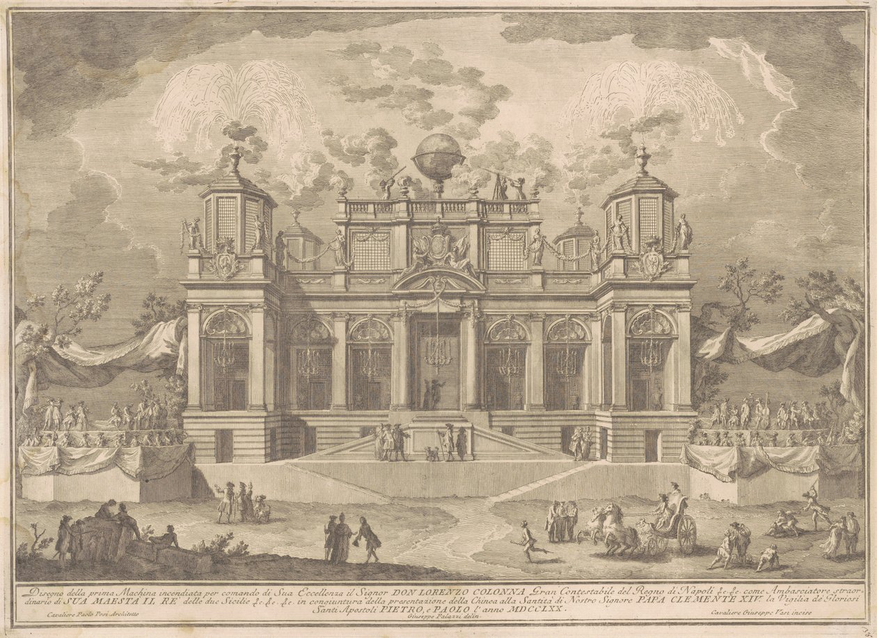 Prima Macchina for Chinea af 1770: En romersk bygning til handel af Giuseppe Vasi, after Giuseppe Palazzi, after Paolo Posi