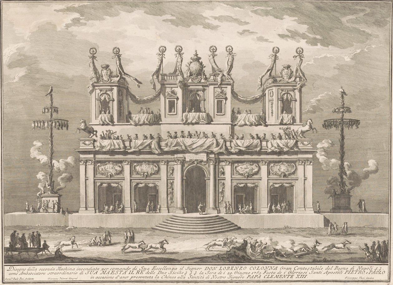 Seconda Macchina for Kina af 1765: En dekoreret bygning med Cockaigne-stænger af Giuseppe Vasi, after Giuseppe Palazzi, after Paolo Posi