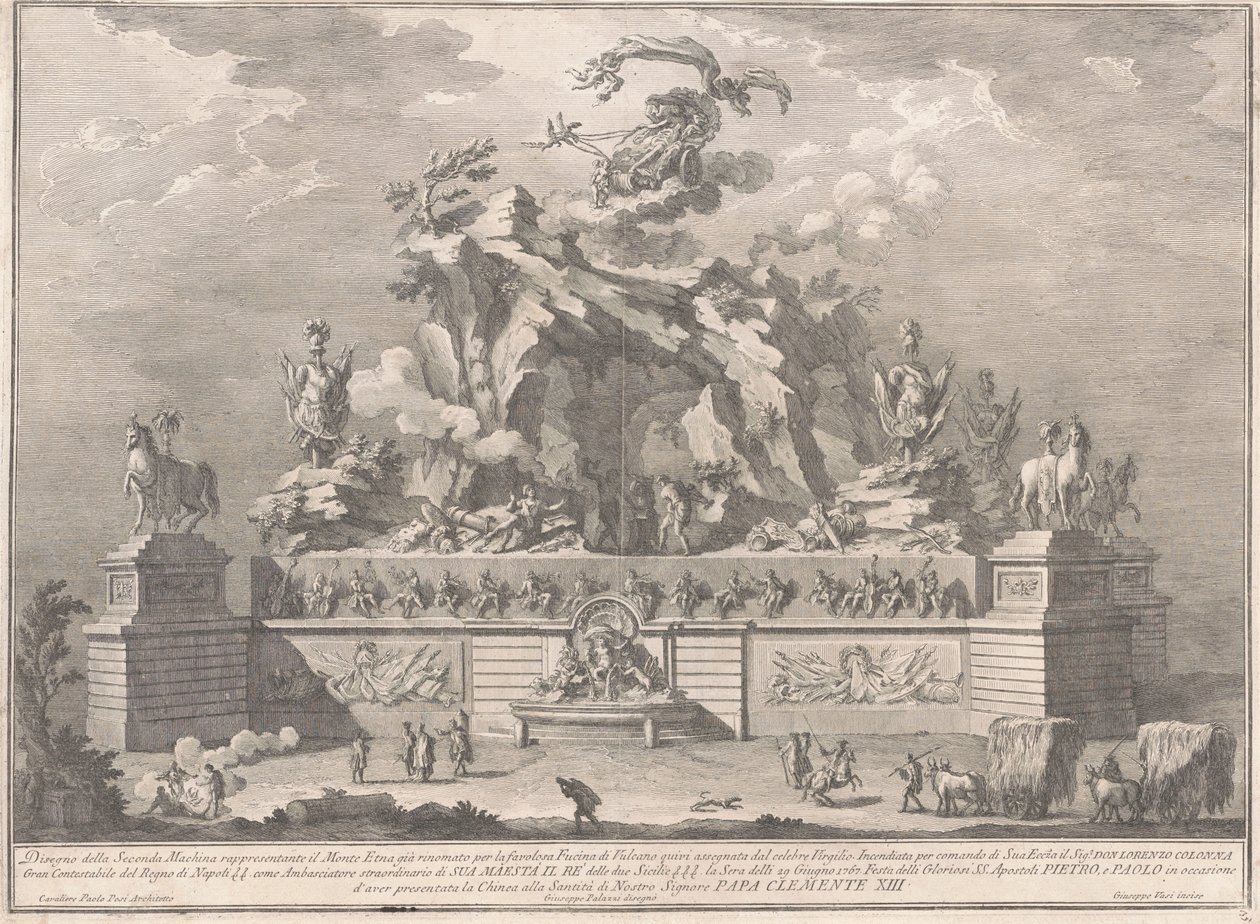 Seconda Macchina for Kina i 1767: Etna-bjerget med Vulcans smedje af Giuseppe Vasi, after Giuseppe Palazzi, after Paolo Posi