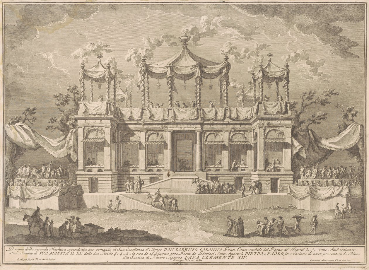 Seconda Macchina for Kina fra 1770: Fiskemarkedsportikoen af Giuseppe Vasi, after Giuseppe Palazzi, after Paolo Posi