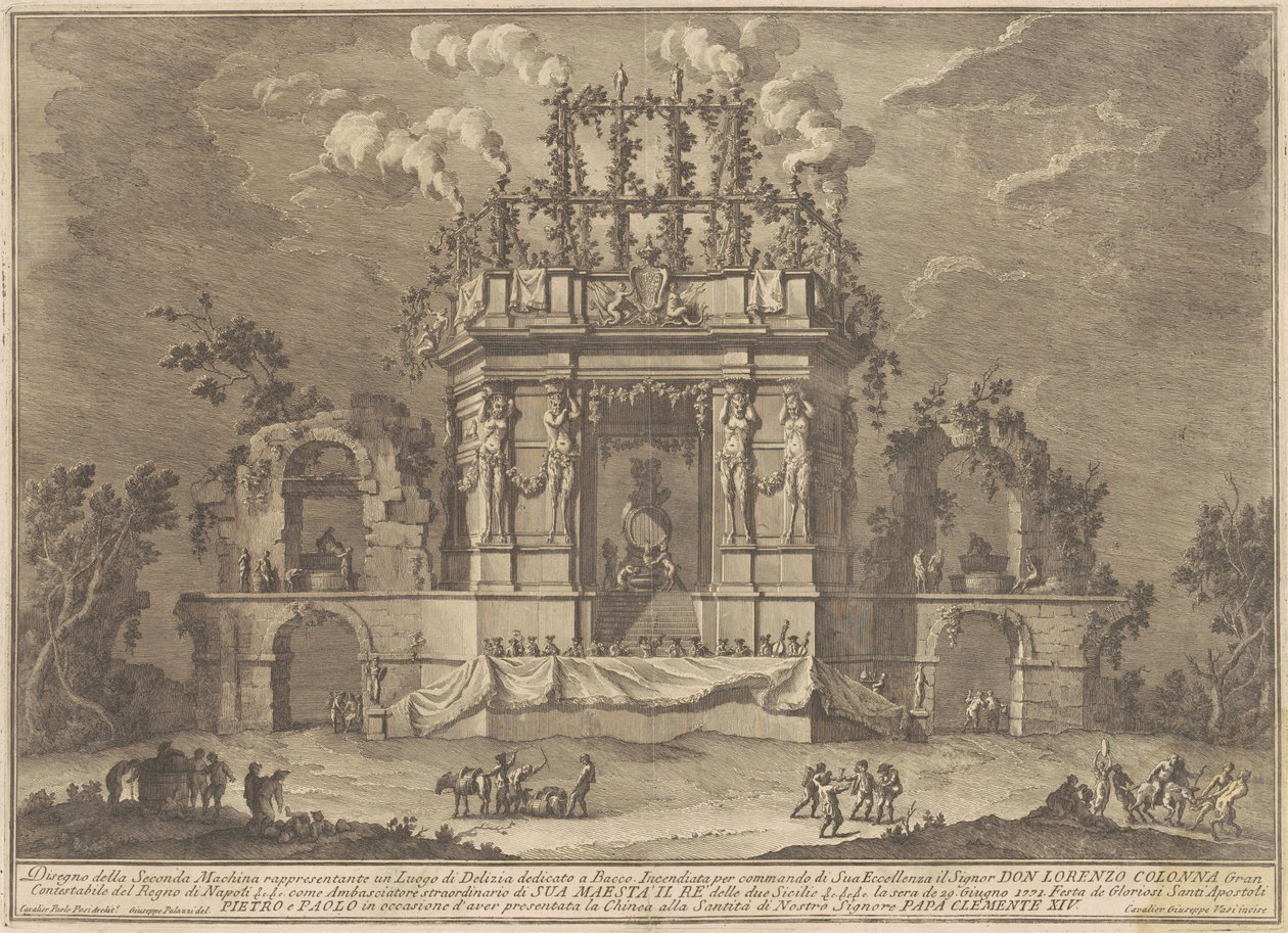 Seconda Macchina for Chinea af 1771: Et lystpalads dedikeret til Bacchus af Giuseppe Vasi, after Giuseppe Palazzi, after Paolo Posi
