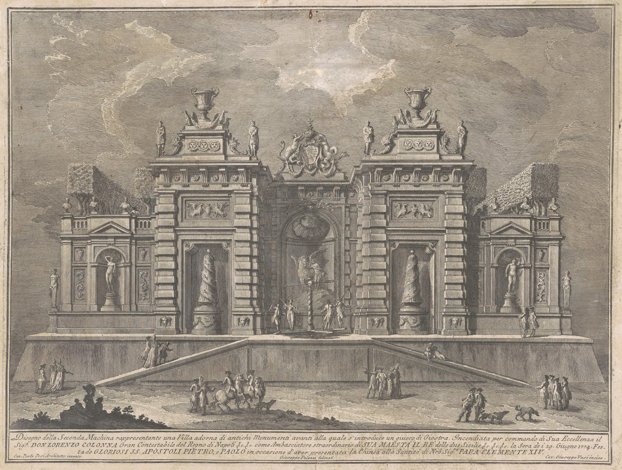 Seconda Macchina for Chinea fra 1774: En villa med gamle monumenter og et spil "Giostra" af Giuseppe Vasi, after Giuseppe Palazzi, after Paolo Posi
