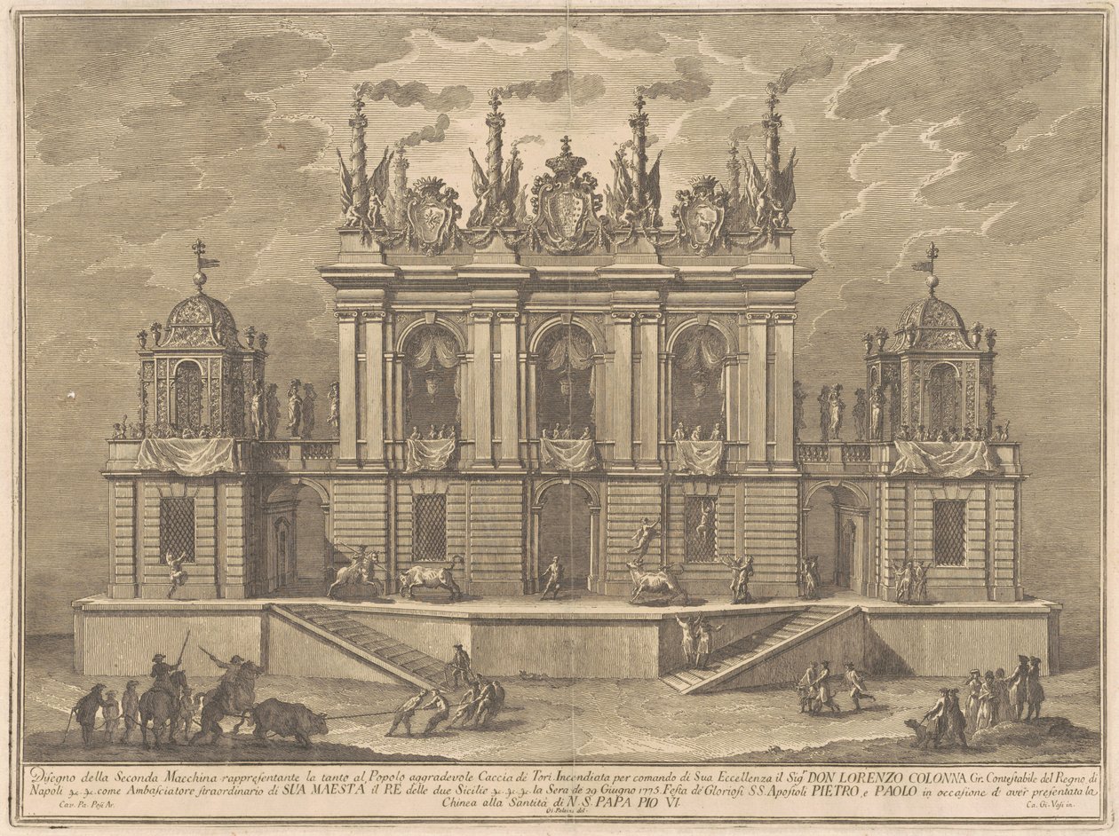 Seconda Macchina for Chinea fra 1775: En tyrefægtning af Giuseppe Vasi, after Giuseppe Palazzi, after Paolo Posi