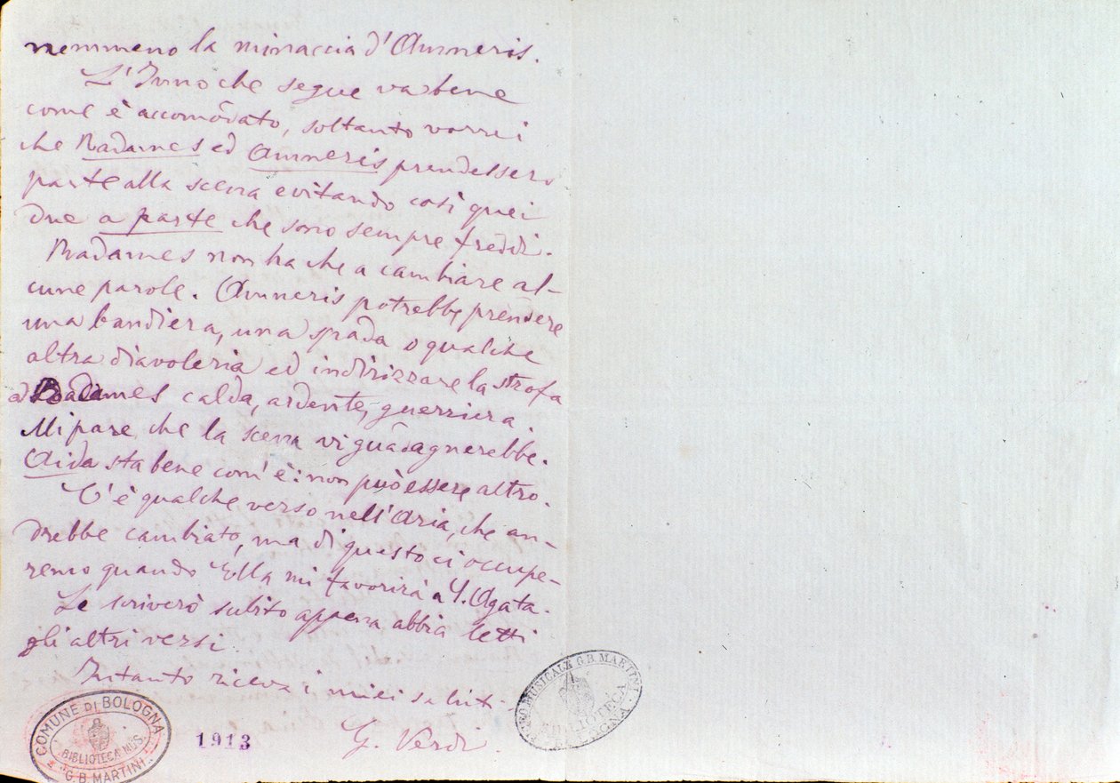 Håndskrevet brev fra Giuseppe Verdi til Aida librettos forfatter Antonio Ghislanzoni af Giuseppe Verdi