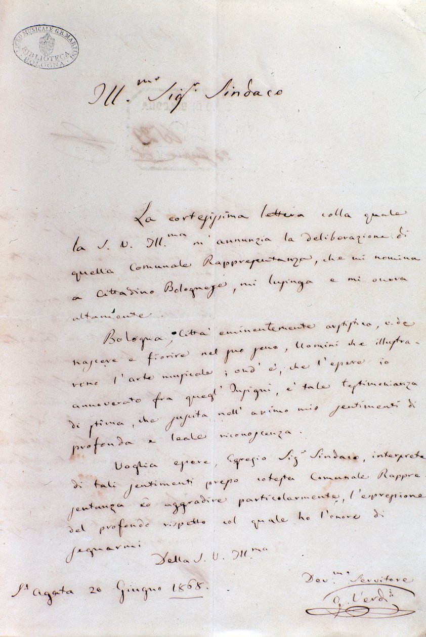Håndskrevet brev fra Giuseppe Verdi til Bolognas borgmester, da han blev æresborger, 20. juni af Giuseppe Verdi