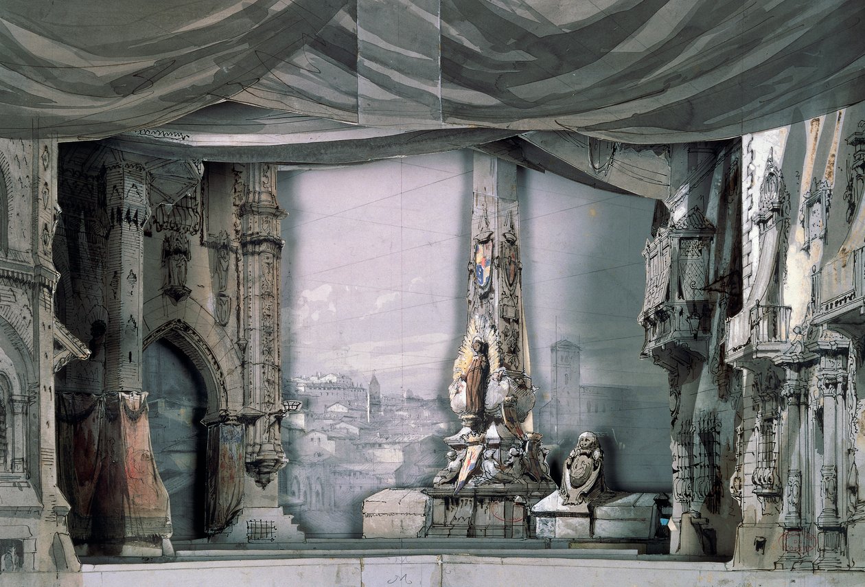 Plads foran katedralen i Valladolid, akt III, scene IV, scenografi af Charles Campon til Don Carlos af Giuseppe Verdi (1813-1901), opførelse i Paris, operahuset Salle Le Peletier, 11. marts af Giuseppe Verdi