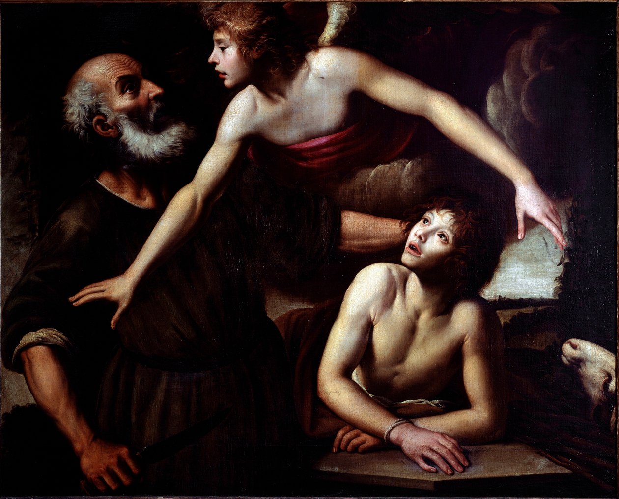 Isaks ofring Englen Stop Abrahams hånd (Isaks offer) Maleri af Giuseppe Vermiglio (1585-1635) 1600-tallets gener, Musei di Strada Nuova (ex Palazzo Bianco) af Giuseppe Vermiglio