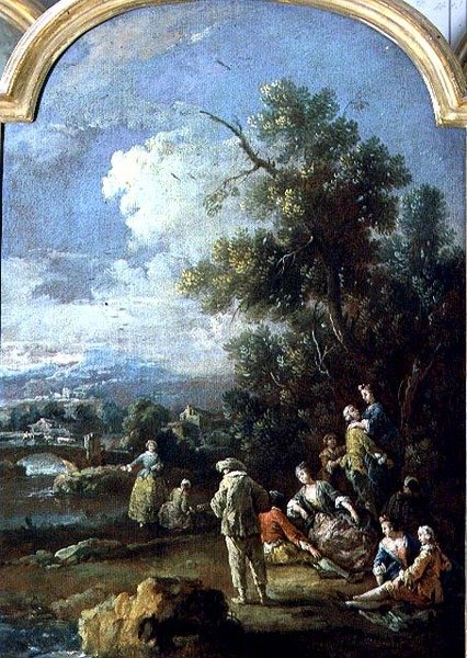 Pierrot og par (olie på lærred) af Giuseppe Zais