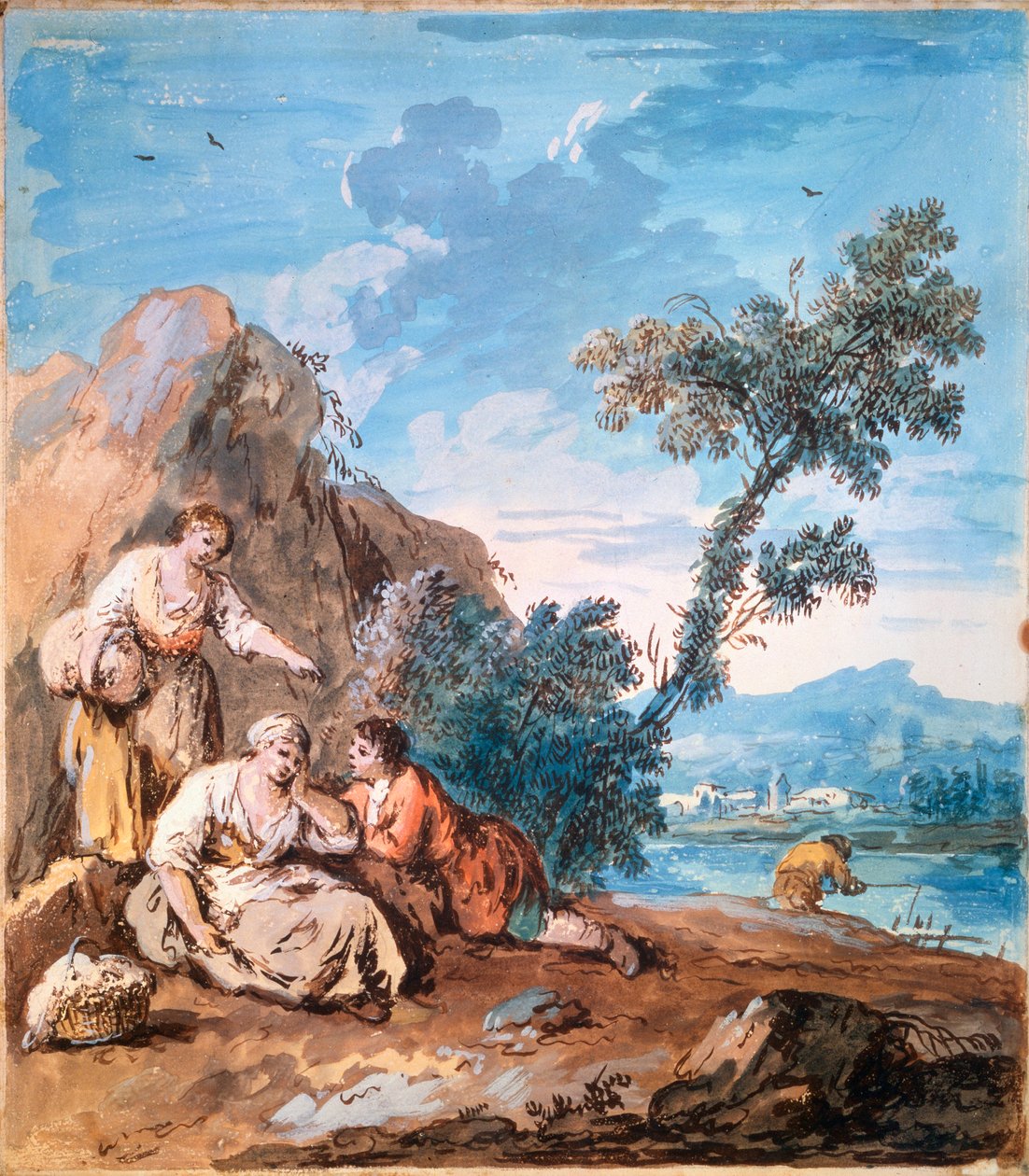 Tre bønder hviler på en flodbred, c1750. af Giuseppe Zais