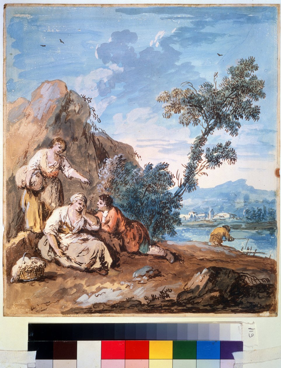 Tre bønder hviler på en flodbred. Maleri af Giuseppe Zais (1709-1784). Akvarel på papir, 29,5 x 26,2 cm, omkring 1750. Venetiansk skole, italiensk maleri 1700-tallet. Pushkin Fine Arts Museum, af Giuseppe Zais