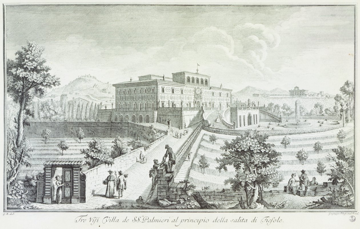 Villa Palmieri i Fiesole, af Giuseppe Zocchi (1711-1767), Udsigt over villaerne og omgivelserne i Toscana, Italien af Giuseppe Zocchi