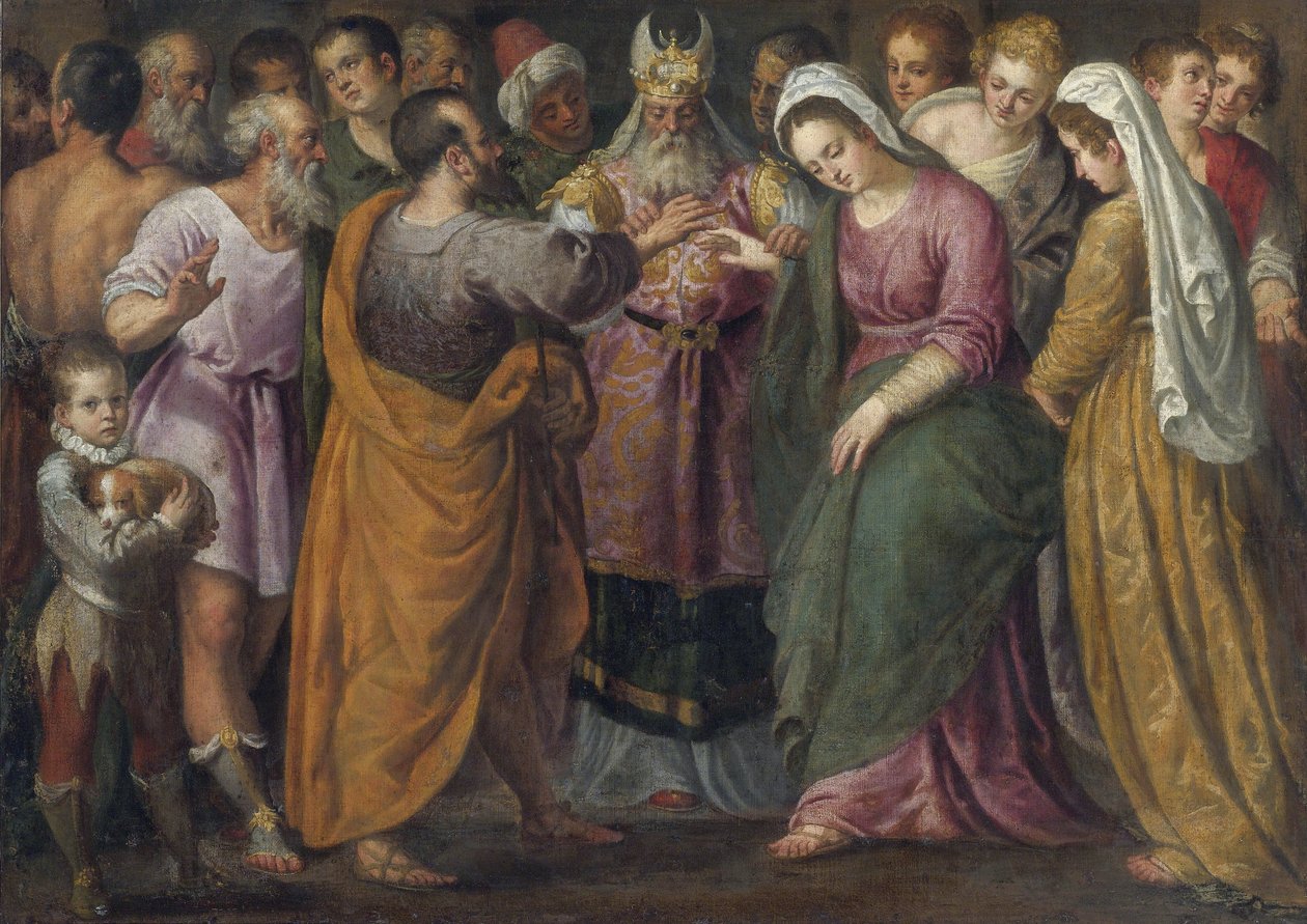 Le mariage de Marie et Joseph - Marias og Josephs ægteskab par Salviati, Giuseppe (1520-1575). Olie på lærred, størrelse: 116,8x164, , Privat samling af Giuseppe della Porta Salviati