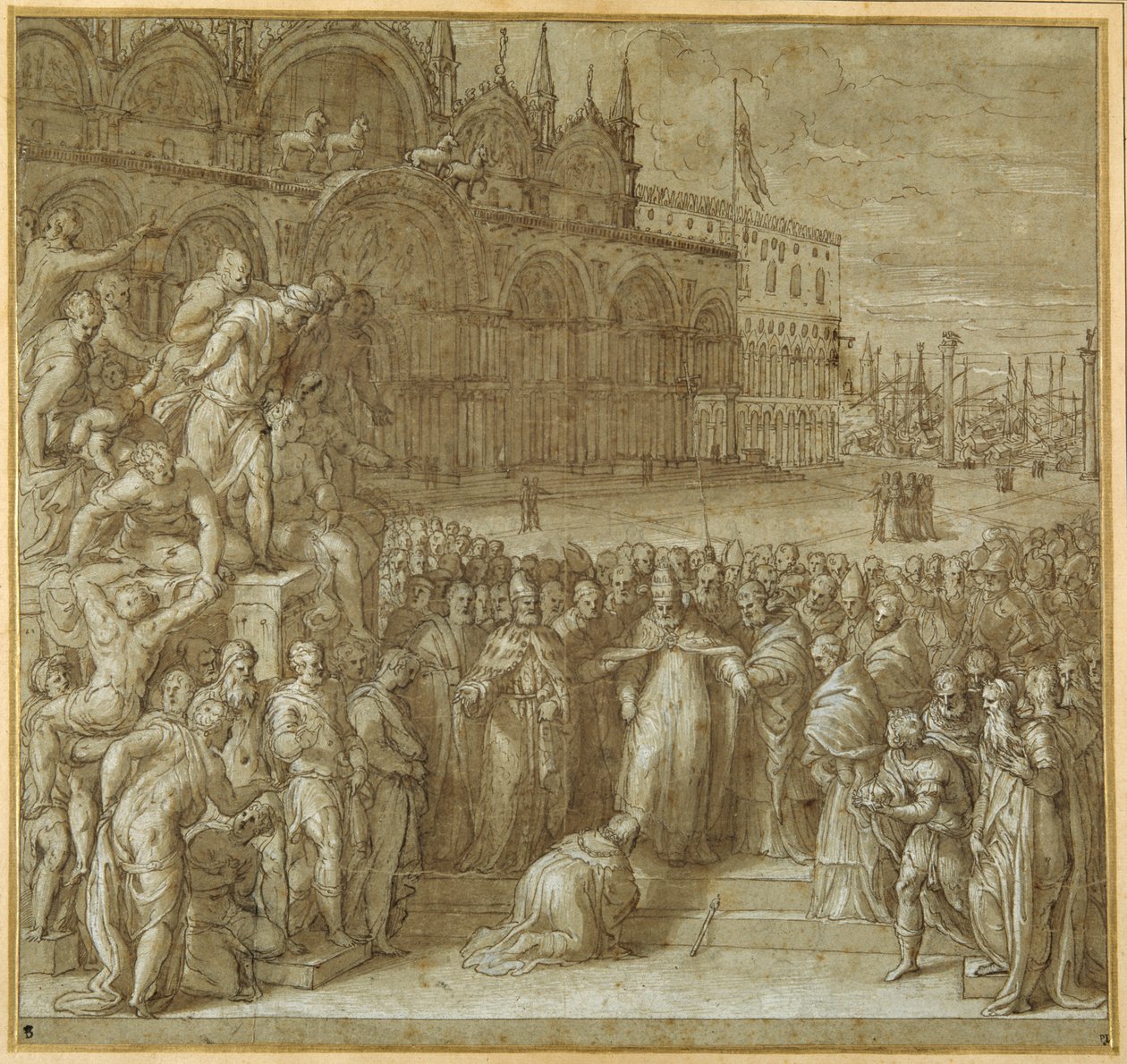 Forsoningen mellem pave Alexander III og Frederick Barbarossa, i nærværelse af Doge Sebastiano Ziani (pen og brunt blæk med brun vask og forhøjning) af Giuseppe della Porta Salviati