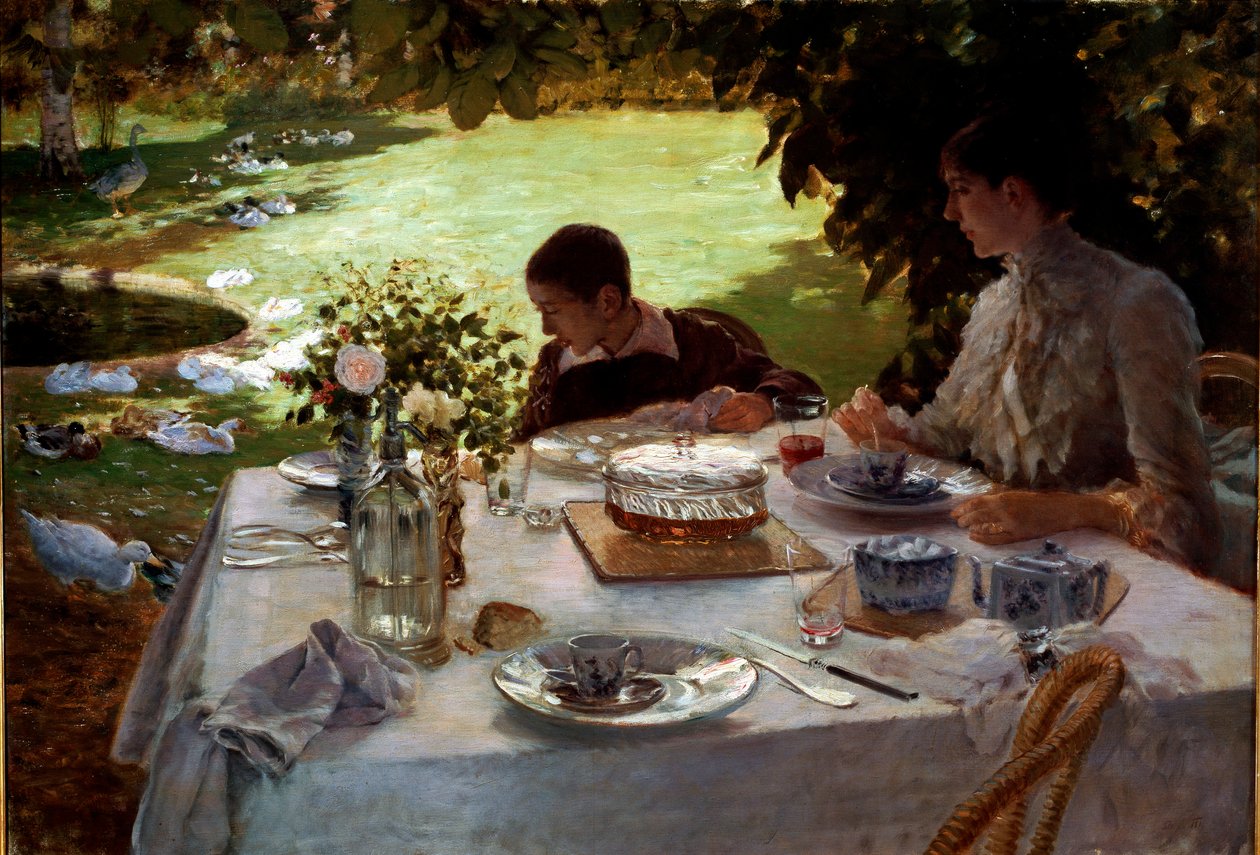 Morgenmad i haven En mor og hendes søn sidder ved et bord dækket til morgenmad og ser gæs og ænder i haven. Maleri af Giuseppe de Nittis (1846-1894) 1884 Dim. 81x117 cm Barletta, Museo De Nittis af Giuseppe or Joseph de Nittis
