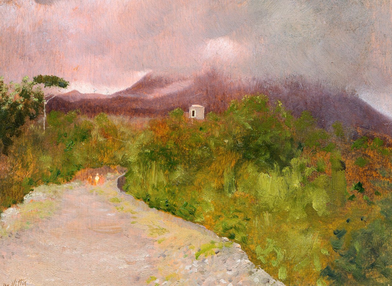 Fumarole of Mount Vesuvius, ca. 1871, af Giuseppe De Nittis (1846-1884), olie på lærred, 9x17 cm af Giuseppe or Joseph de Nittis