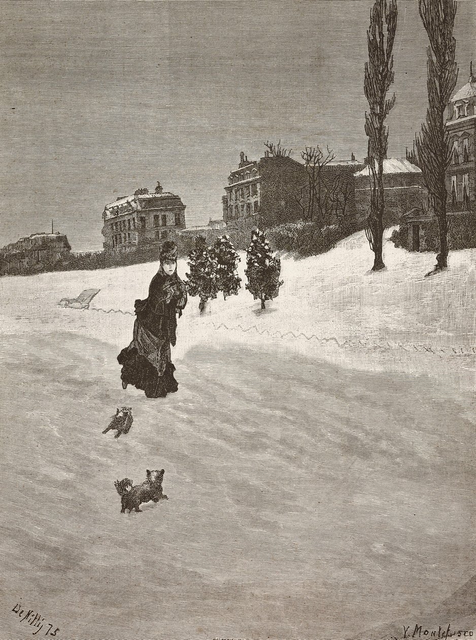 Det er koldt!, kvinde, der går i sneen, gravering fra et maleri af Giuseppe De Nittis, tegning af Montefusco, L