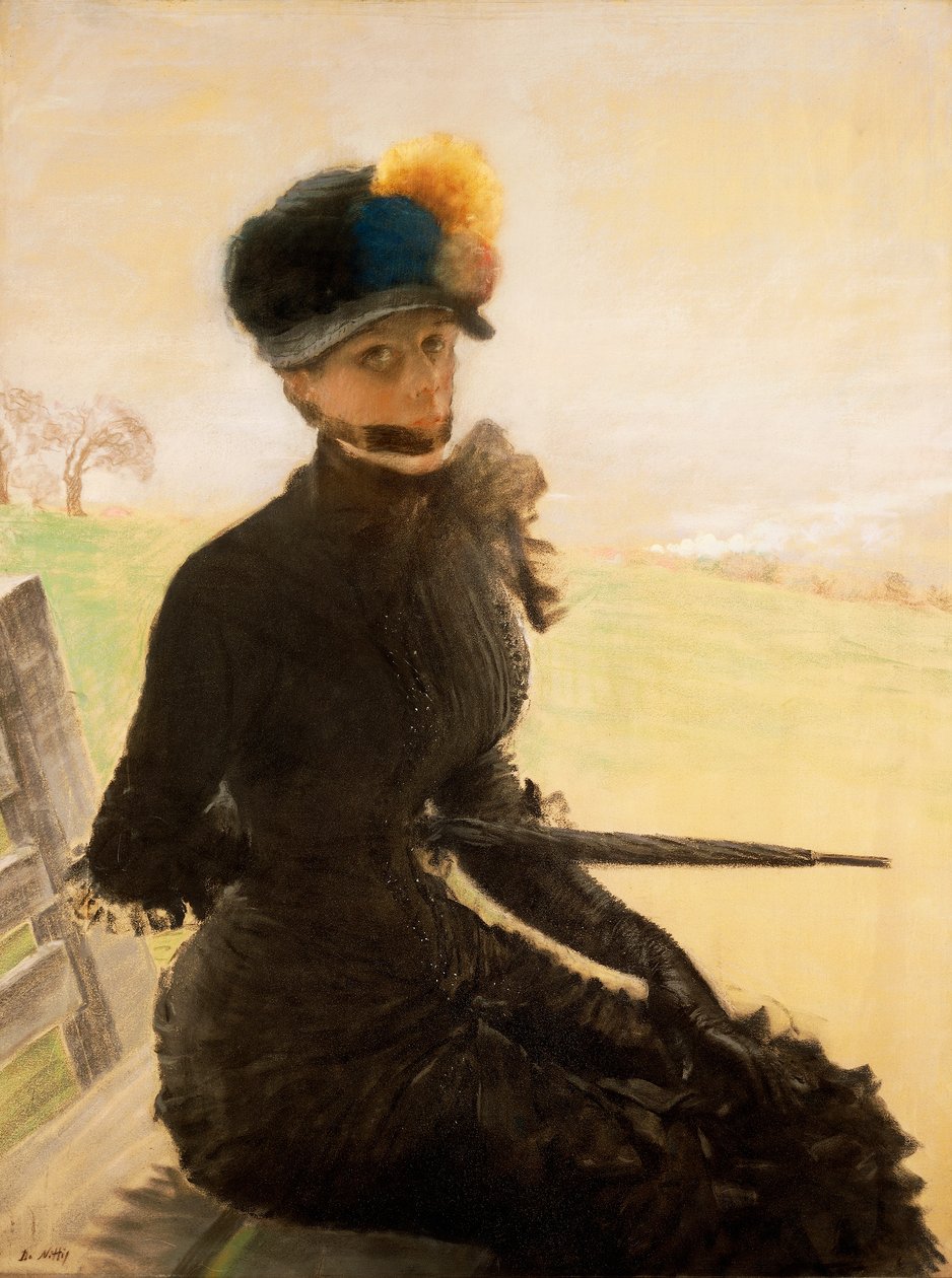 La femme aux pompoms (En kvinde med pompon), ca. 1879 (pastel på lærred) af Giuseppe or Joseph de Nittis