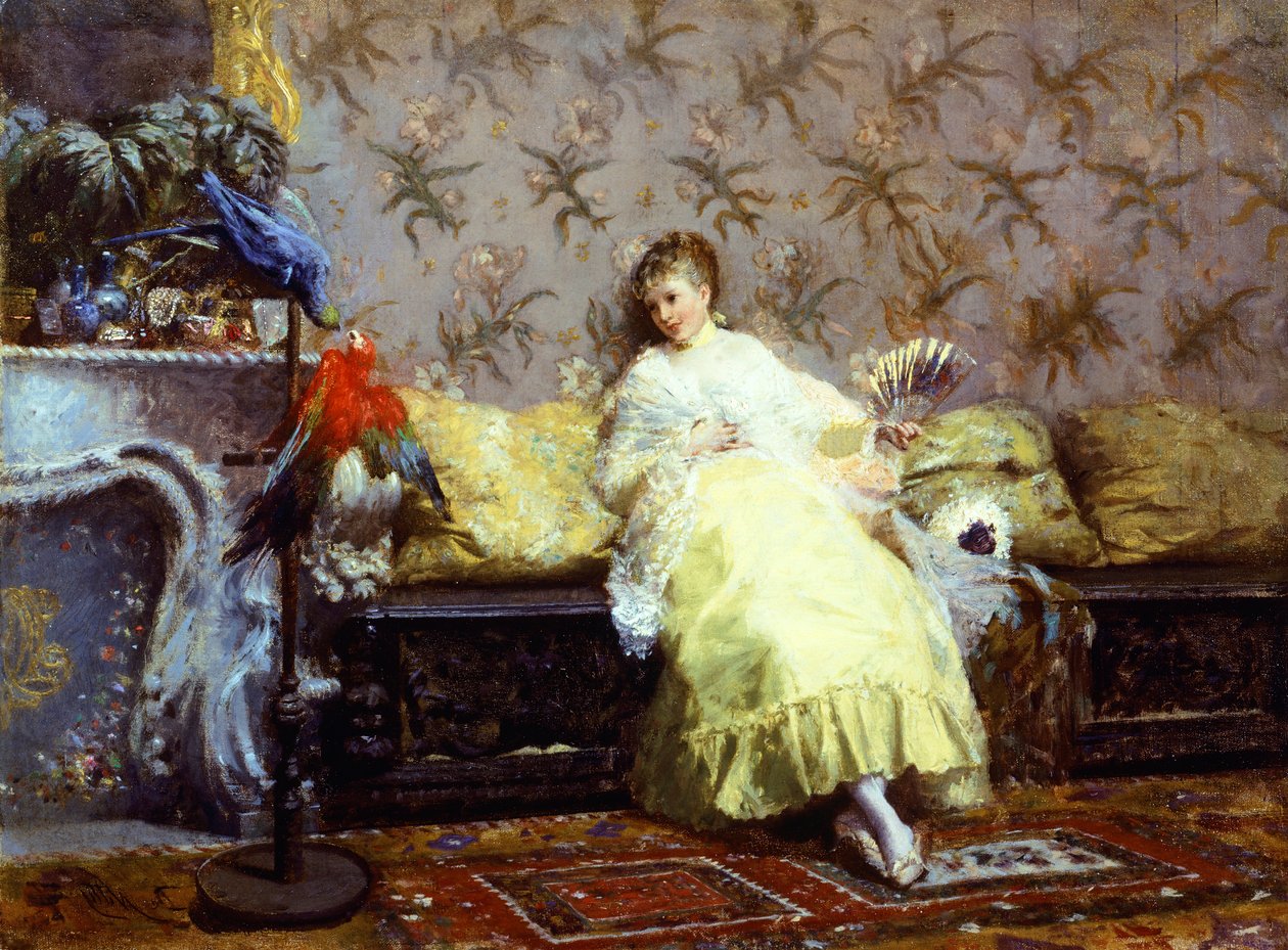 Dame med papegøjer, ca 1869, af Giuseppe de Nittis (1846-1884), olie på lærred, 24,2x23 cm. af Giuseppe or Joseph de Nittis