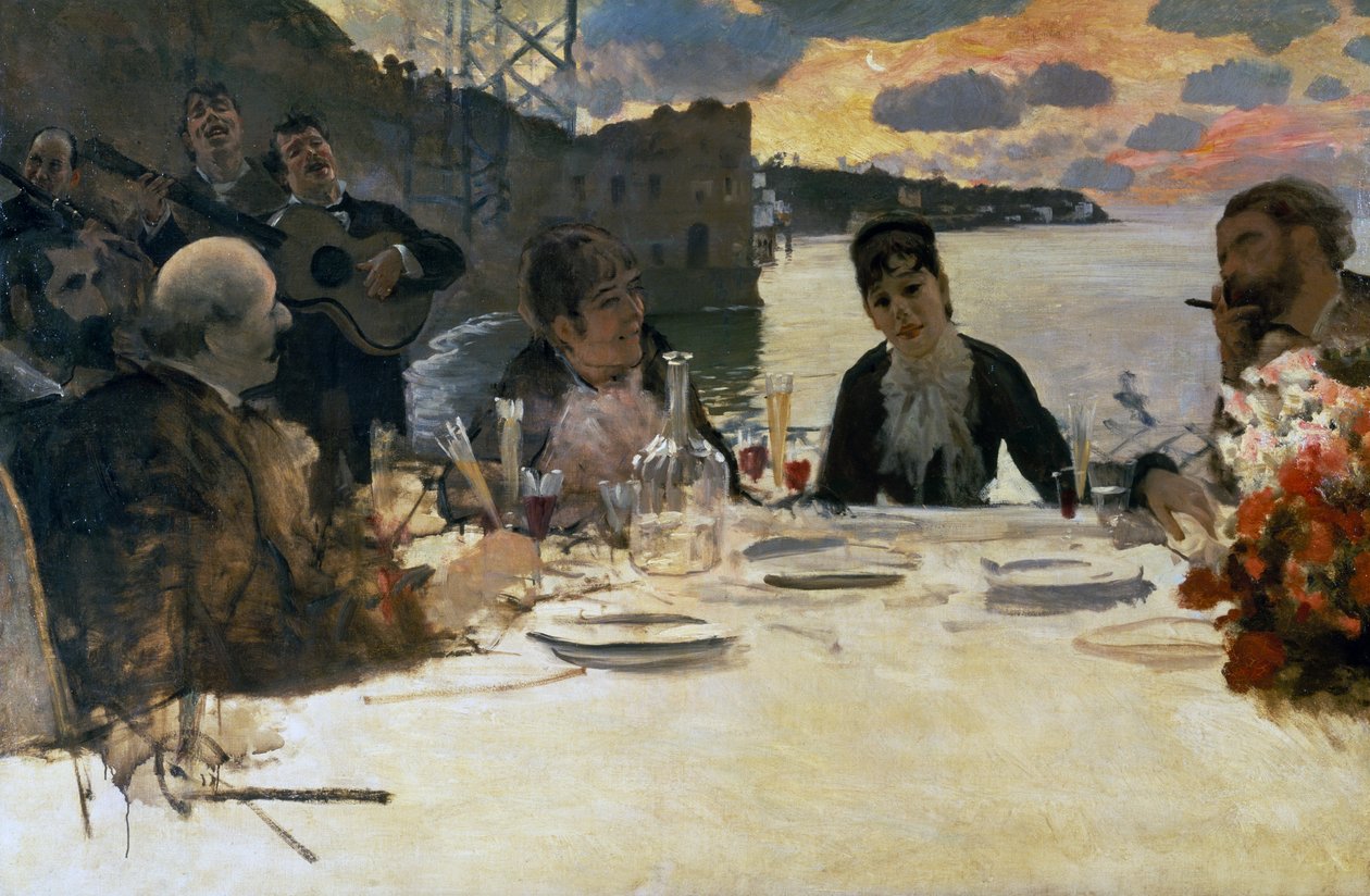 Frokost på Posillipo, ca. 1879 (olie på lærred) af Giuseppe or Joseph de Nittis