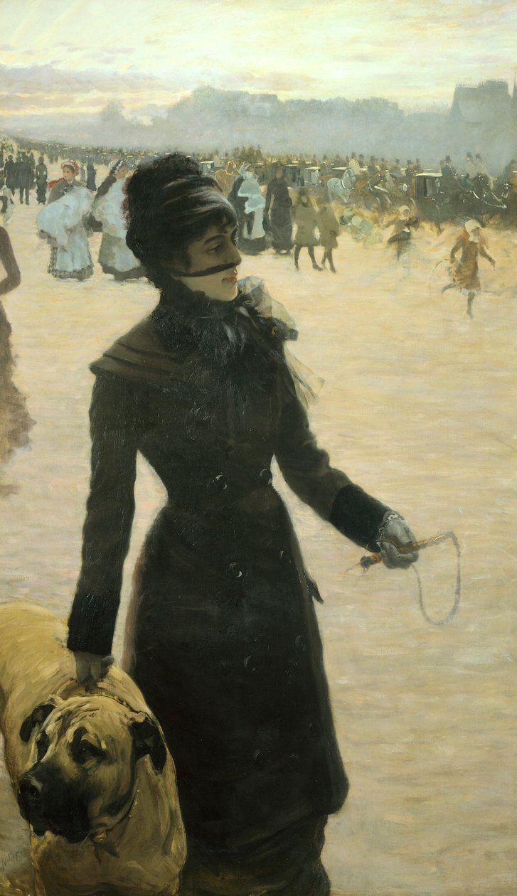 På vej tilbage fra Bois de Boulogne, dame med en hund af Giuseppe or Joseph de Nittis