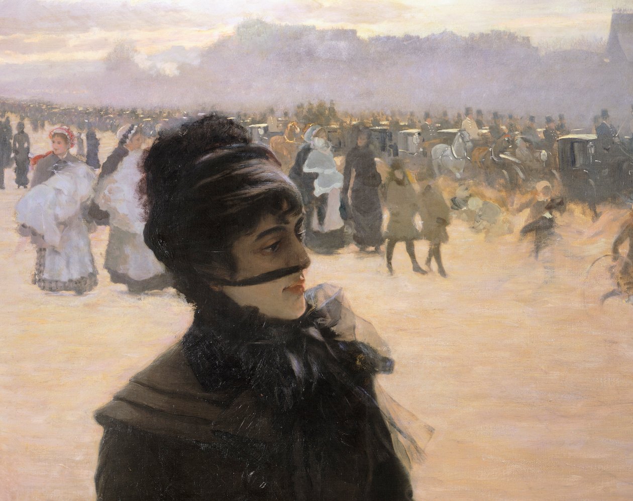 Vender tilbage fra Bois de Boulogne, Lady with a Dog, af Giuseppe de Nittis, detaljer af Giuseppe or Joseph de Nittis