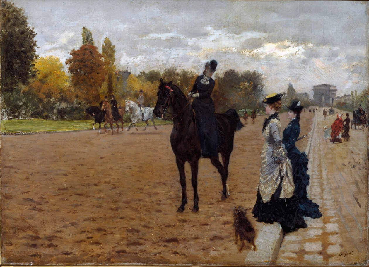 Amazon Cavaliere taler med vandrere Avenue Foch i Paris. Maleri af Giuseppe De Nittis (1846-1884), ca. 1875. Olie på lærred. Mål: 42x31 cm. Gener, Galleria d