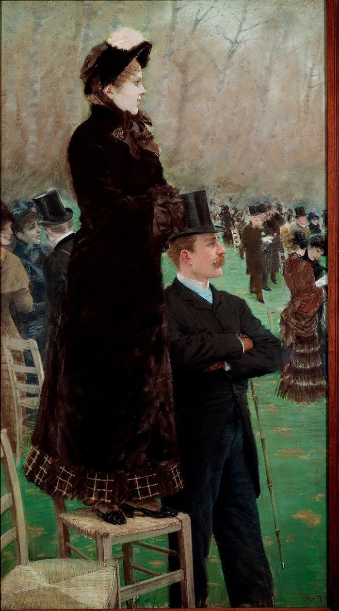 Løbene ved Bois de Boulogne Tilskuere ser hestevæddeløb af Giuseppe or Joseph de Nittis