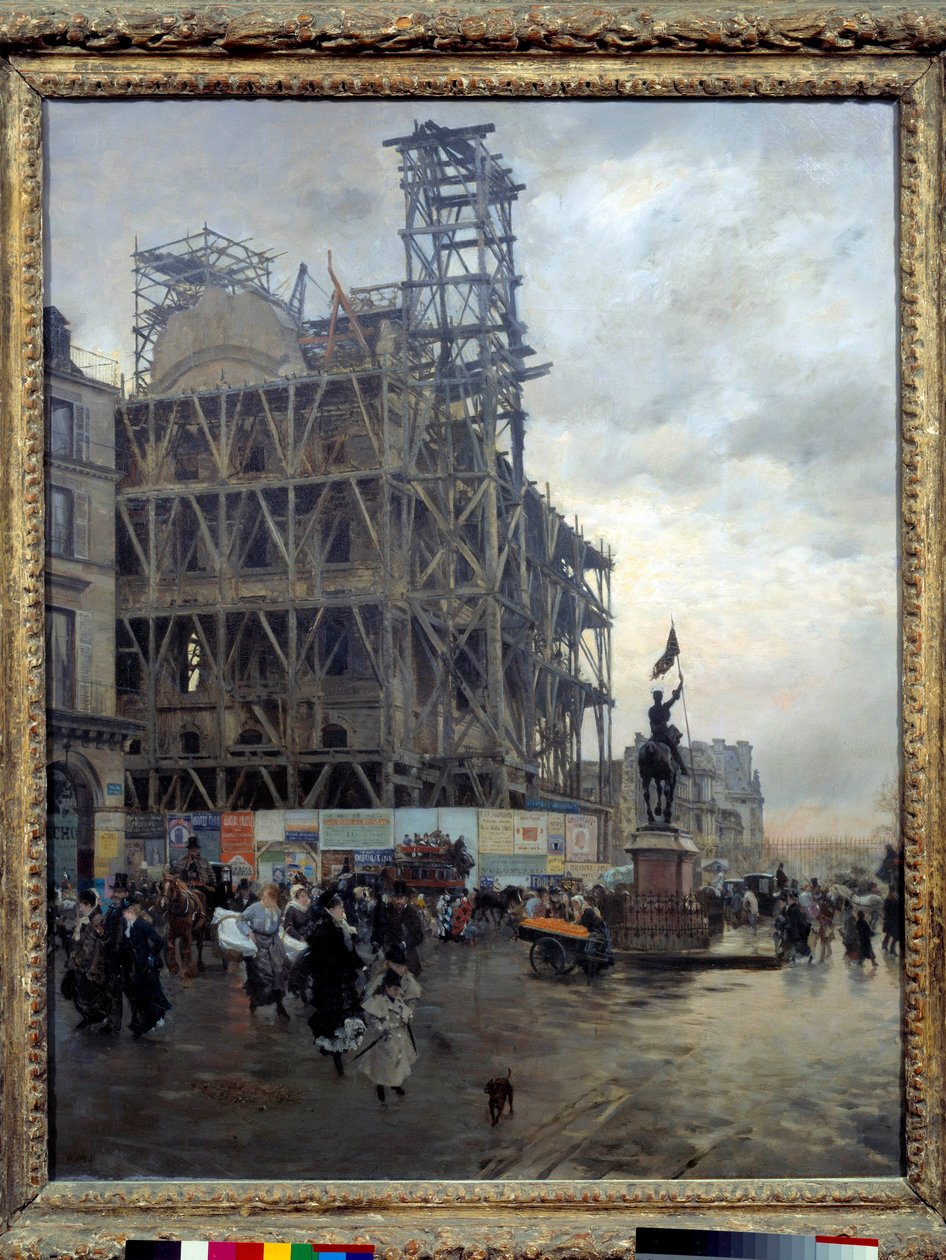 Udsigt over Place des Pyramides i Paris i 1875 krydser pariserne pladsen nær en byggeplads. Maleri af Giuseppe de Nittis (1846-1894) 1875 søn. 0,92x0,74 m. Paris, Musee d