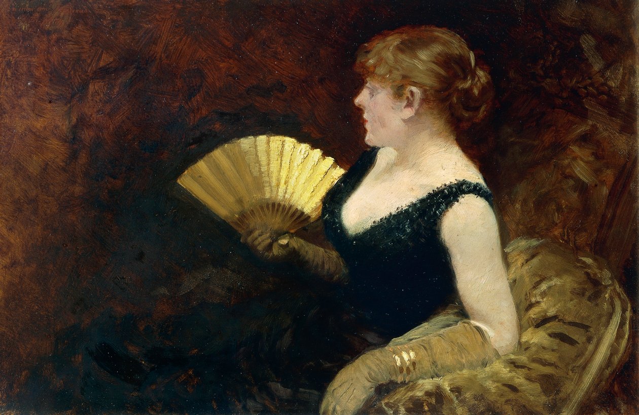 Kvinde med ventilator (olie på lærred) af Giuseppe or Joseph de Nittis