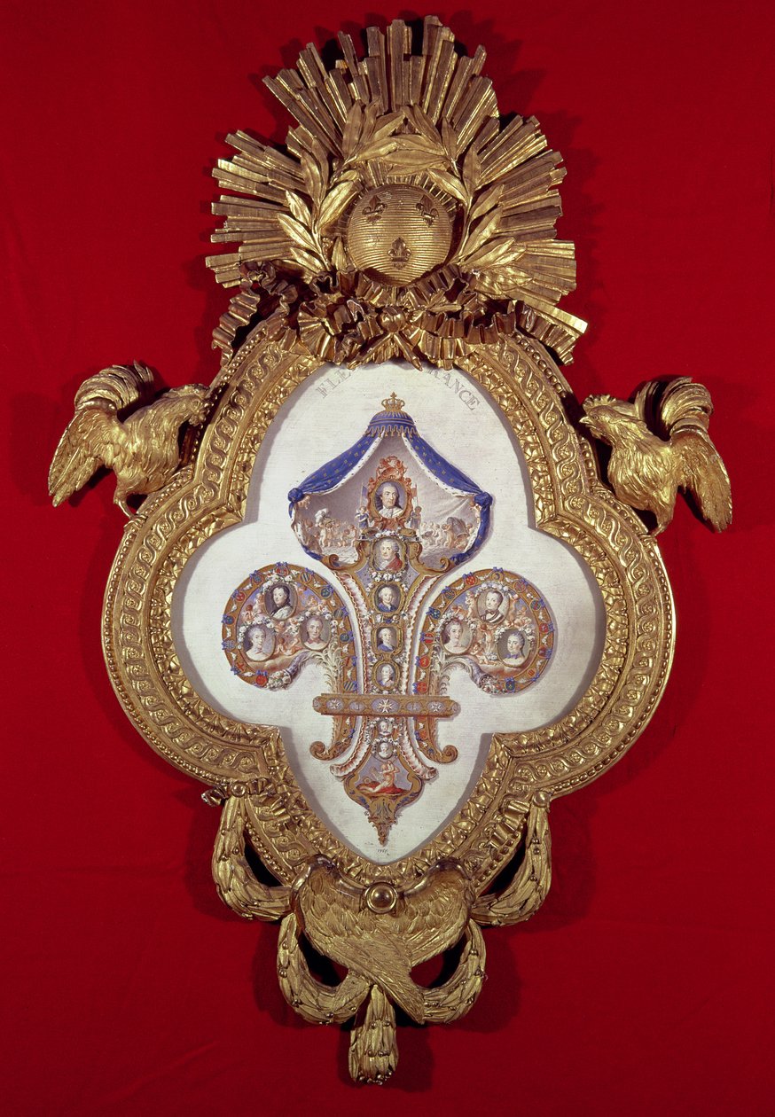 Fleur de France, genealogisk træ med tretten portrætter af Ludvig XV (1710-74) og hans efterkommere i en fleur-de-lys formet ramme, 1765 (guld og emalje) af Glokeur de Surchamps