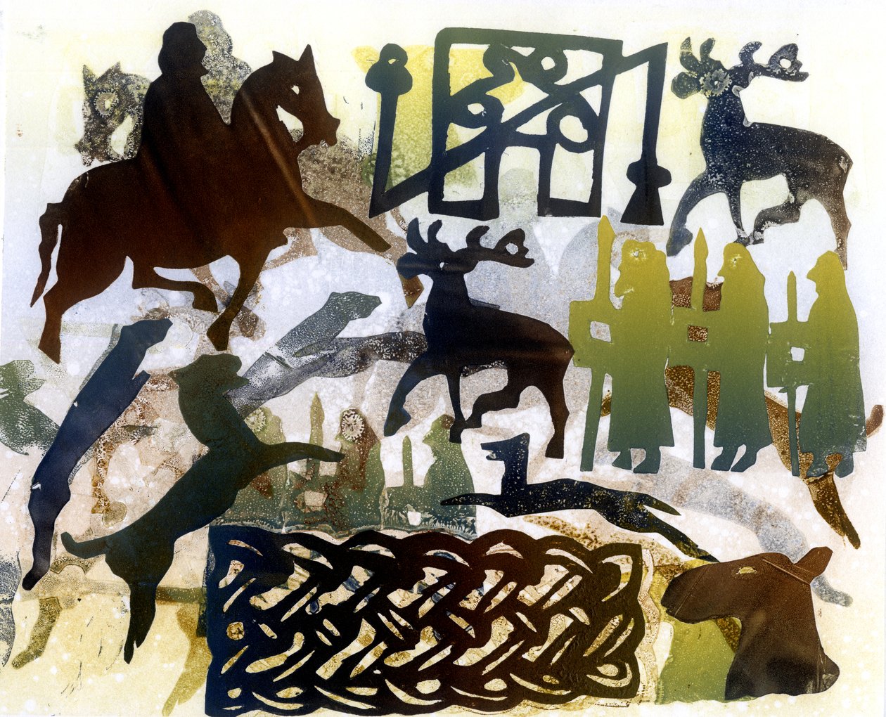 Piktiske symboler og snøring (monoprint) af Gloria Wallington
