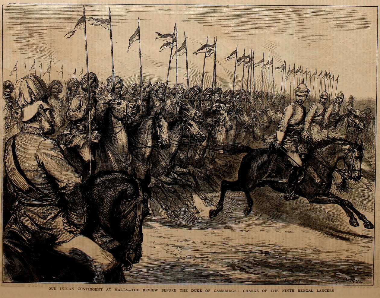 Vores indiske kontingent på Malta, gennemgangen foran hertugen af Cambridge, ansvaret for Ninth Bengal Lancers. af Godefroy Durand