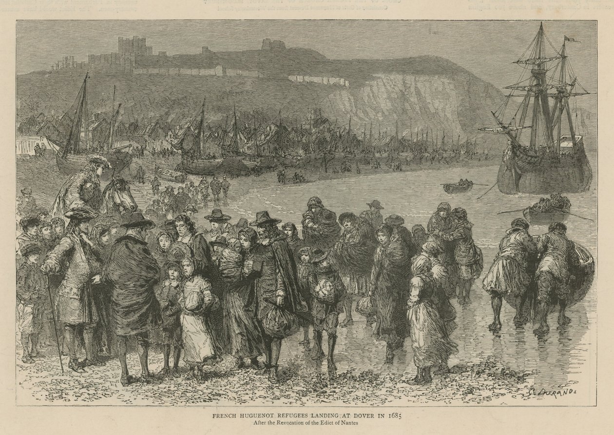 Huguenotterne i England: Franske huguenot-flygtninge lander i Dover i 1685 (kobberstik) af Godefroy Durand
