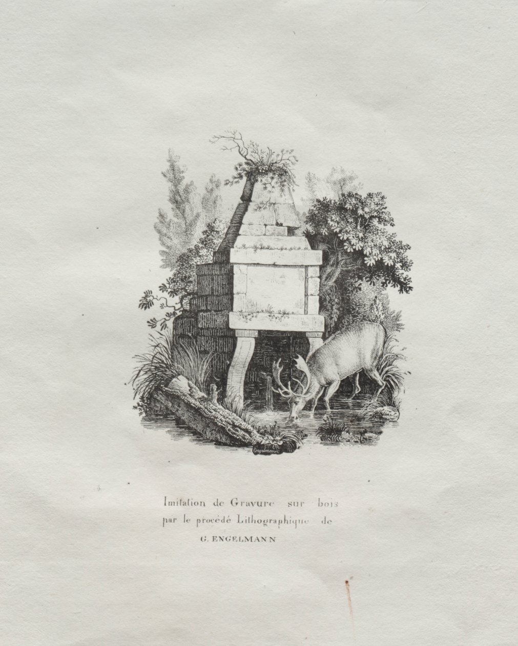 Samling af litografiske essays: A Fountain Imitating Woodcut af Godefroy Engelmann