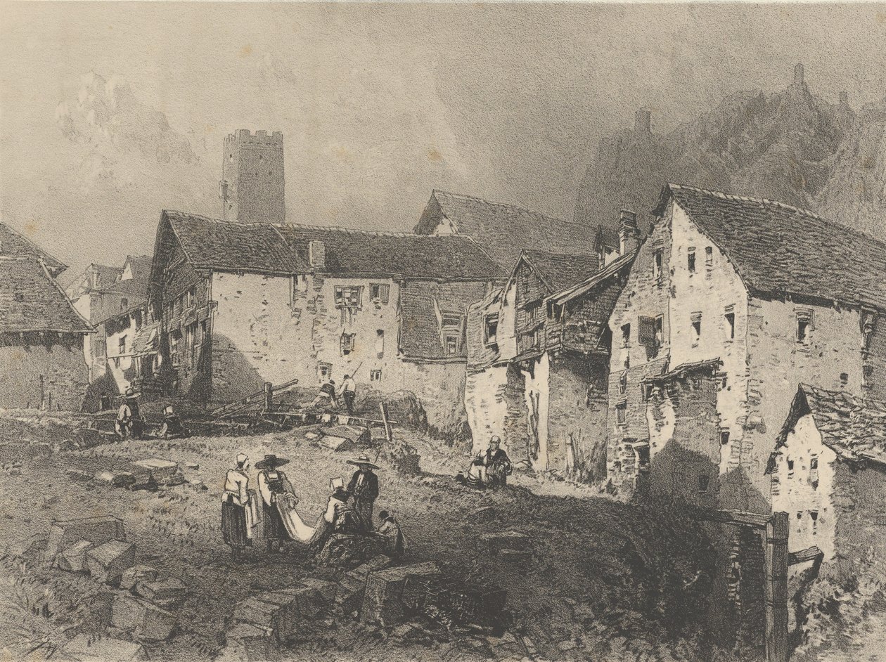 Udsigt over en bjerglandsby, ca. 1829-33. af Godefroy Engelmann