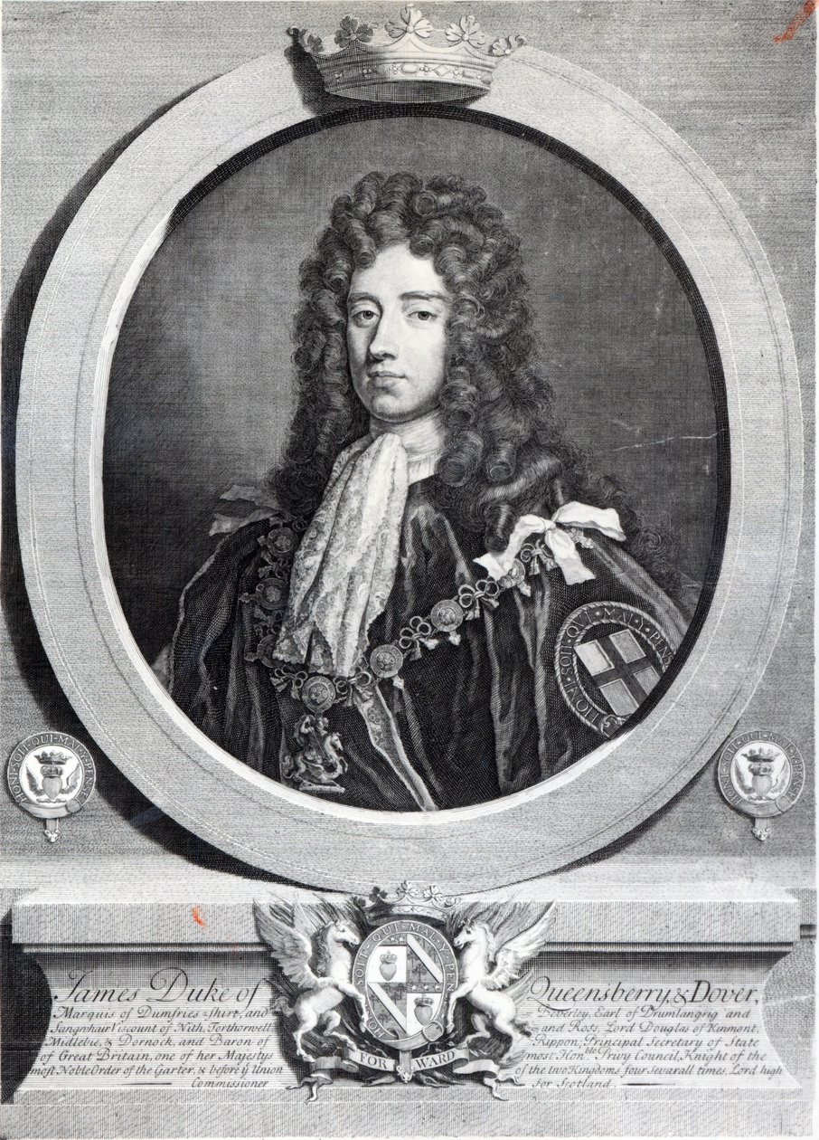 James Douglas, 2. hertug af Queensberry, graveret af Louis du Guernier II af Godfrey Kneller