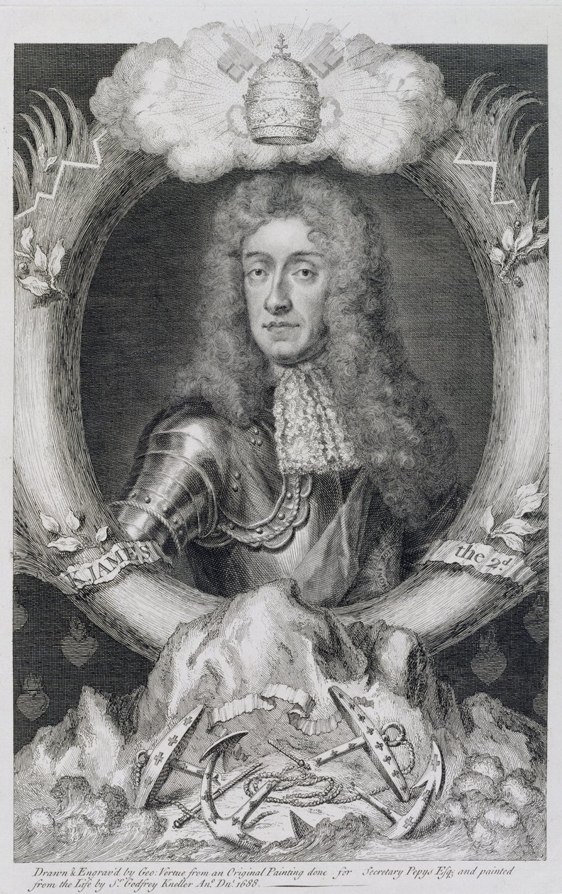 Portræt af James VII af Skotland, II af England (1633-1701) indgraveret af George Vertue (1684-1756) af Godfrey Kneller