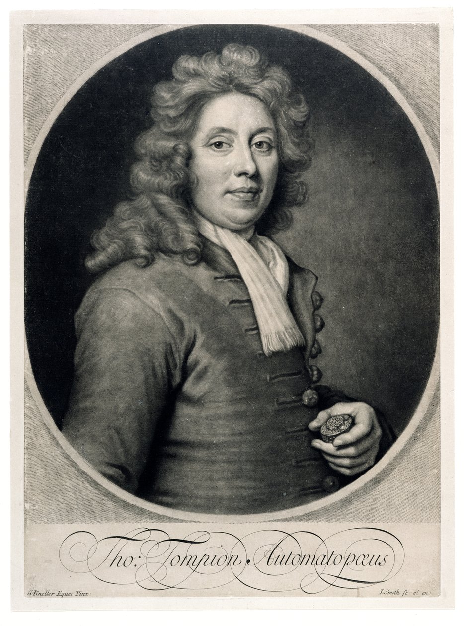 Portræt af Thomas Tompion (1639-1713) graveret af John Smith (mezzotint) af Godfrey Kneller