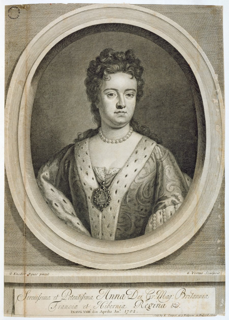 Dronning Anne (1665-1714), graveret af George Vertue (1684-1756), 1702 af Godfrey Kneller