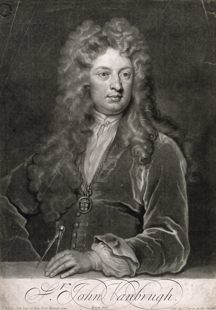 Sir John Vanbrugh (1664-1726), graveret af John Simon (ca. 1675-1751) af Godfrey Kneller
