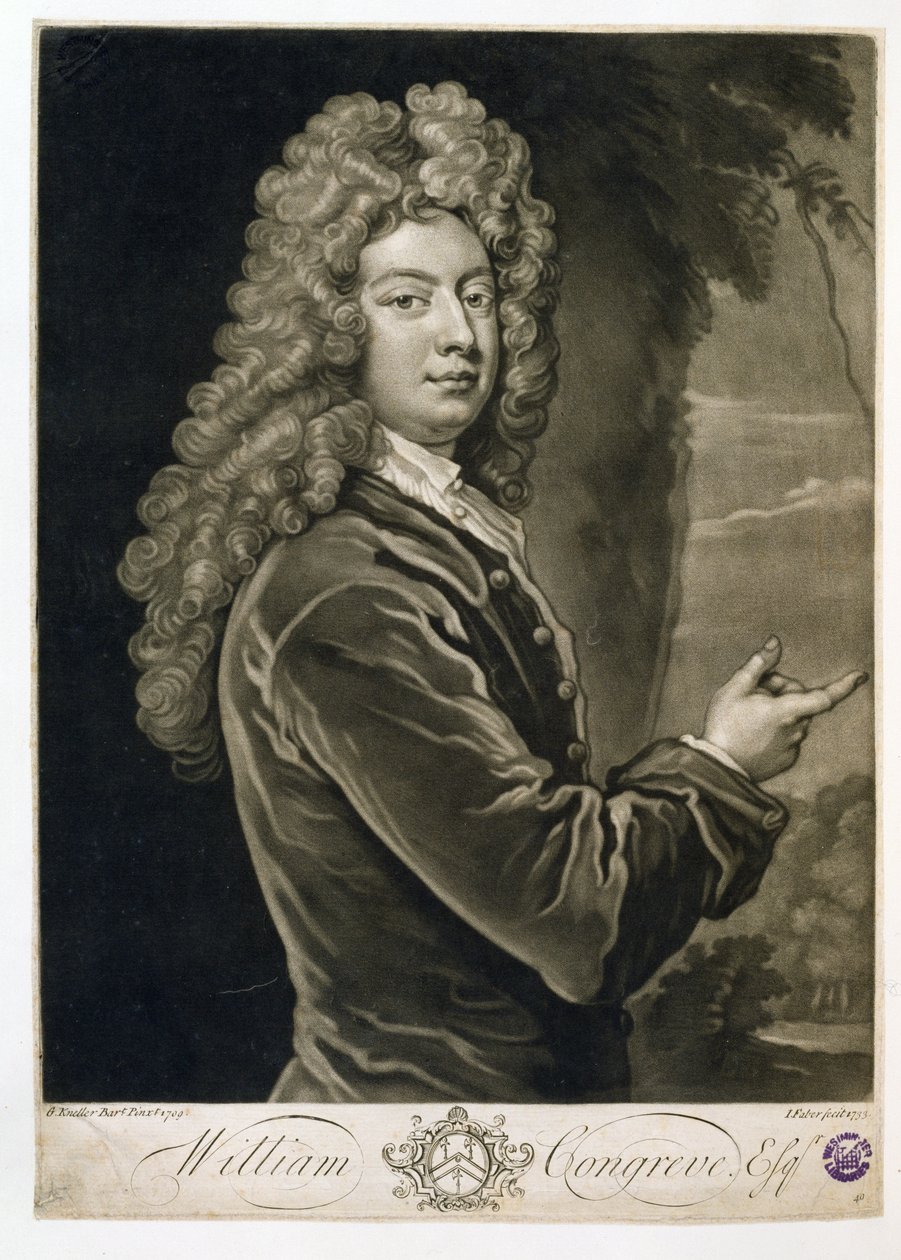 William Congreve (1670-1729), graveret af John Faber (1684-1756), 1733 af Godfrey Kneller