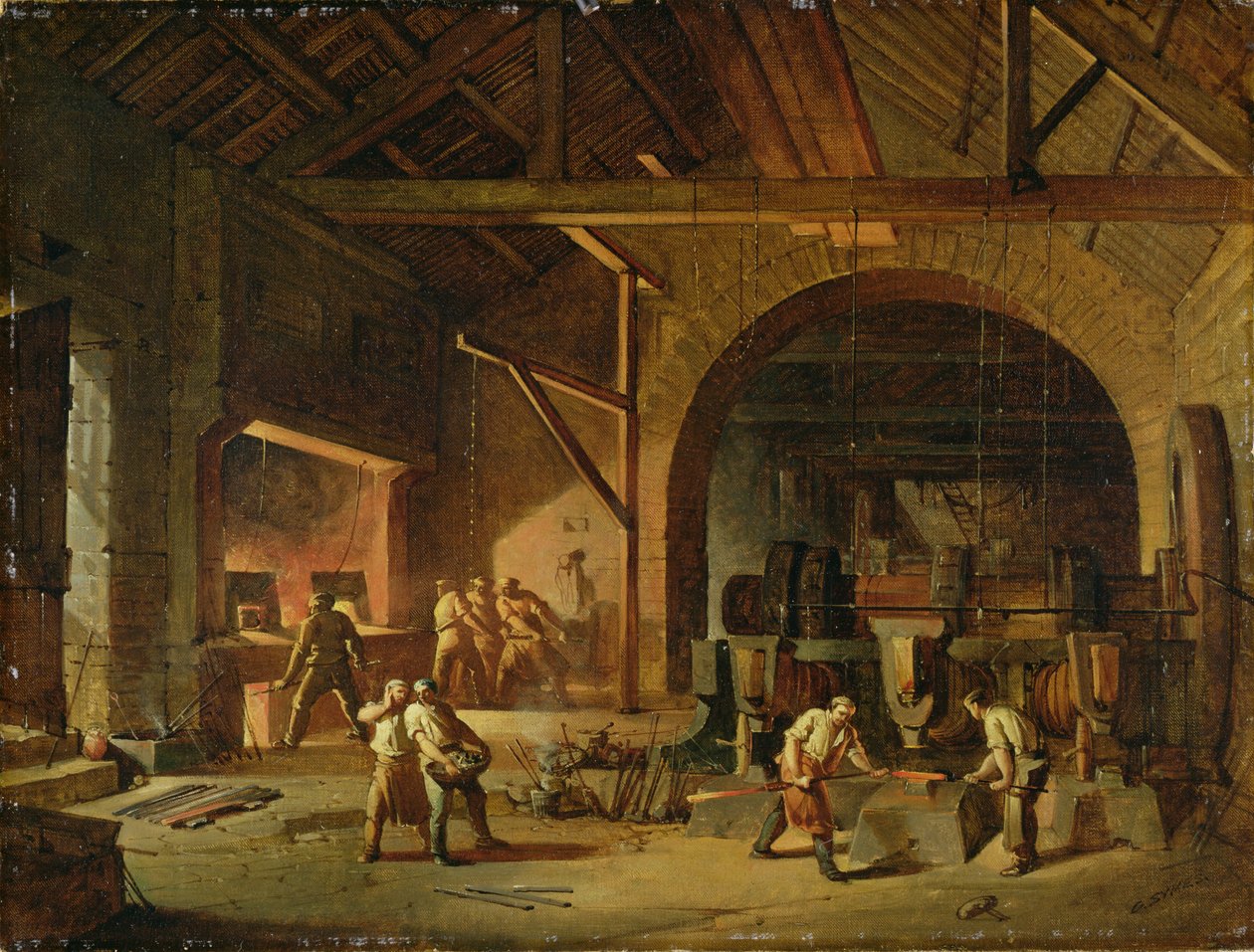 Interiør af et jernværk, 1850 af Godfrey Sykes