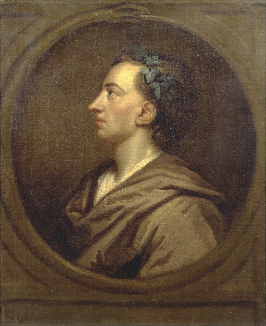 Alexander Pope (1688-1744) profil, kronet med efeu (olie på lærred) af Godfrey (studio of) Kneller