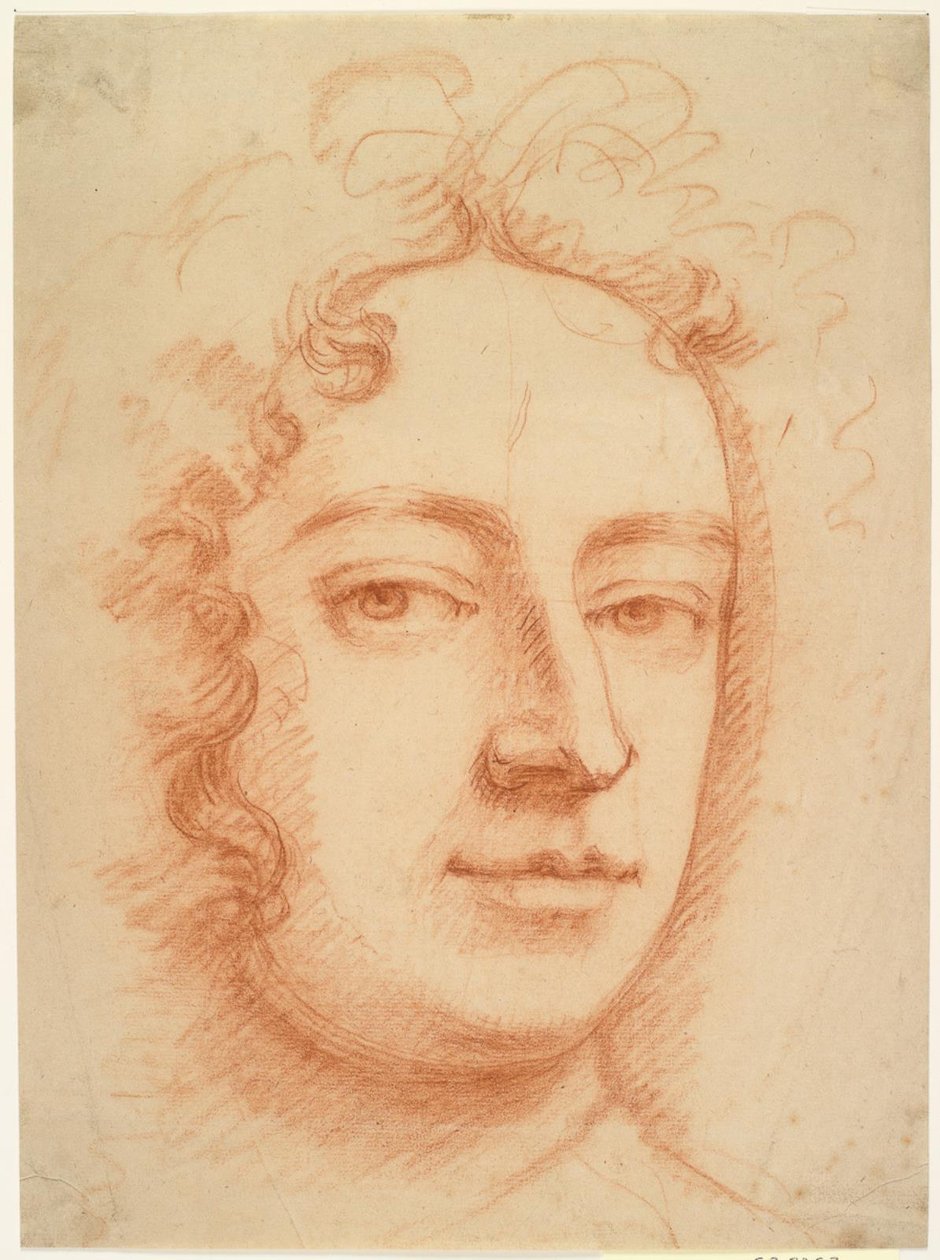 Ansigt af en mand, trekvart, ser direkte på beskueren, muligvis et selvportræt af Godfrey Kneller