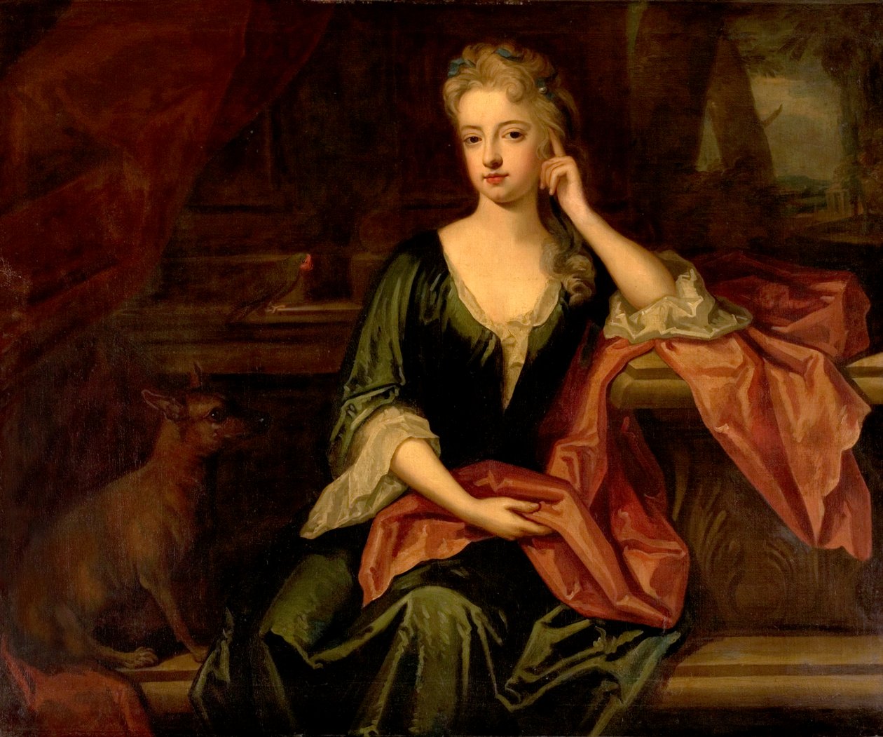 Dame med en hund og en papegøje, 1600-tallet af Godfrey Kneller